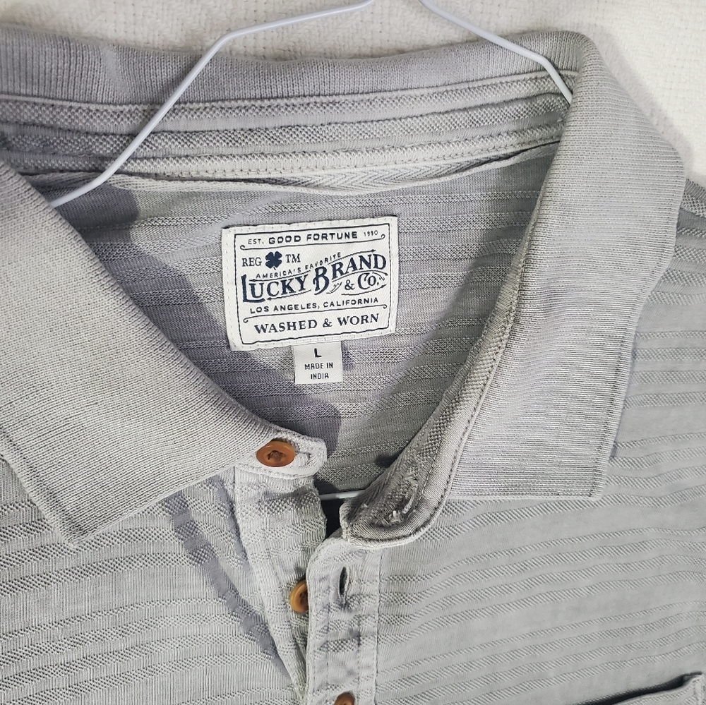 Lucky Brand Short Sleeve Gray Polo Shirt with pocket Men's LARGE Made in India